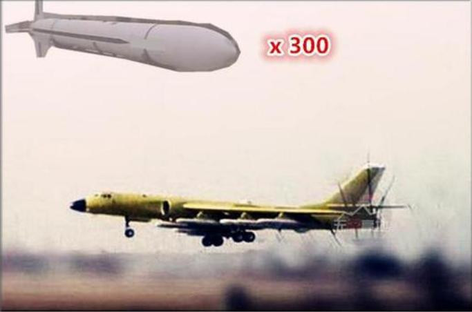 Máy bay ném bom H-6K Trung Quốc trang bị tên lửa hành trình KD-20. Ảnh: Sina