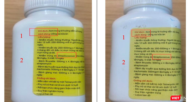 Thuốc Tetracyclin thật (hình bên trái) và giả. (Ảnh Cục quản lý Dược)