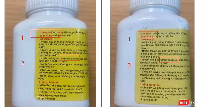 Thuốc Tetracyclin thật (hình bên trái) và giả. (Ảnh Cục quản lý Dược)