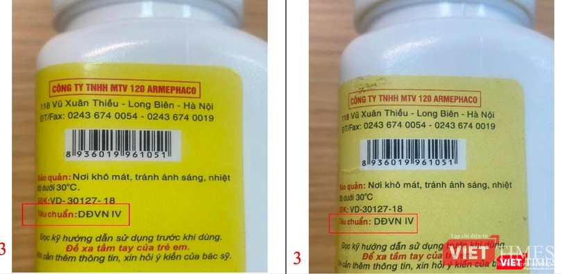Thuốc Tetracyclin thật (bên trái) và giả. (Ảnh Cục Quản lý Dược)