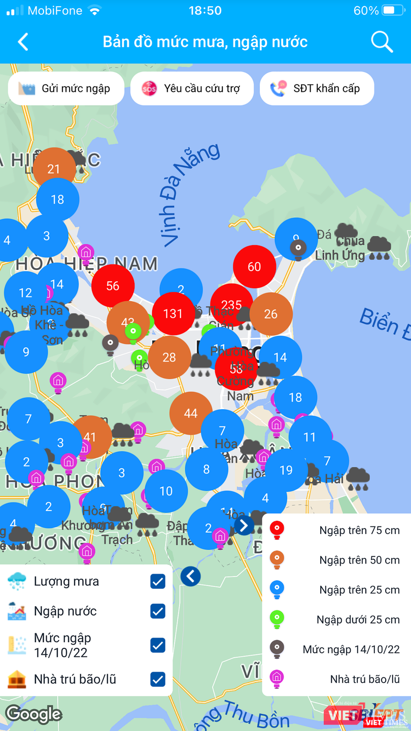 Bản đồ mưa, ngập nước với đầy đủ các thông tin về lượng mưa, khu vực ngập nước... được tích hợp trên ứng dụng di động Danang Smart City