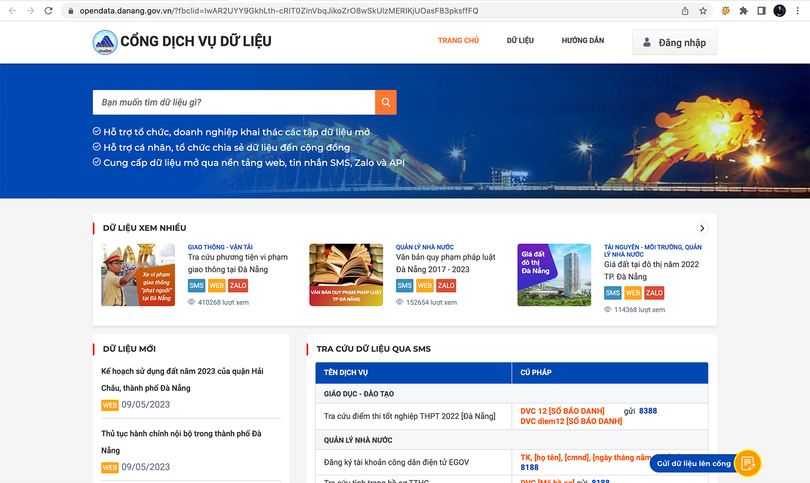 Giao diện Cổng dịch vụ dữ liệu TP Đà Nẵng