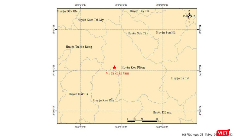 Vị trí xảy ra trận động đất đầu tiên trong chiều ngày 23/8, tại khu vực huyện Kon Plông (tỉnh Kon Tum).