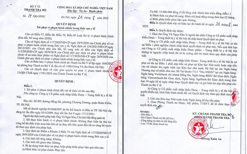 Quyết định xử phạt hành chính của Thanh tra Bộ Y tế đối với Công ty CP XNK Dược-Trang thiết bị y tế Hà Nội 