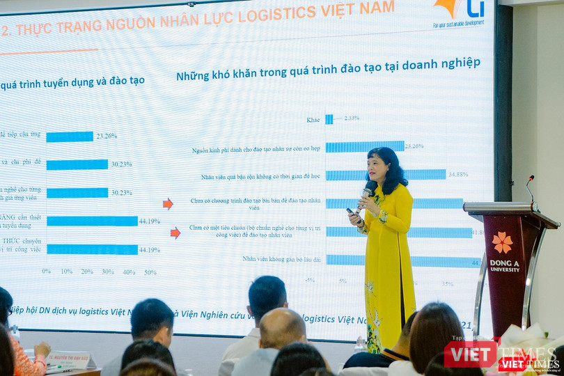 PGS.TS. Hồ Thị Thu Hòa - Viện trưởng Viện Nghiên cứu và Phát triển Logistics Việt Nam (VLI-VLA), Phó Chủ tịch Hiệp hội Phát triển nhân lực Logistics Việt Nam (VALOMA) - trình bày tại hội thảo