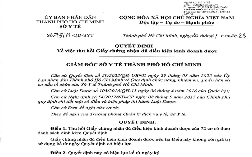 Quyết định của Sở Y tế TP HCM thu hồi Giấy chứng nhận đủ điều kiện kinh doanh dược đối với 72 cơ sở kinh doanh dược trên địa bàn