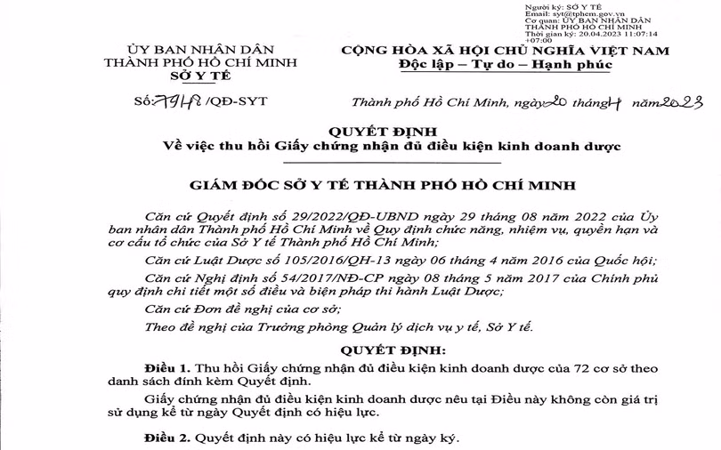 Quyết định của Sở Y tế TP HCM thu hồi Giấy chứng nhận đủ điều kiện kinh doanh dược đối với 72 cơ sở kinh doanh dược trên địa bàn
