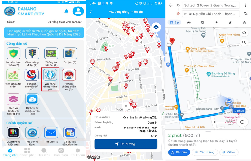 Giao diện hỗ trợ tìm kiếm nhà vệ sinh miễn phí lên app Danang Smart City