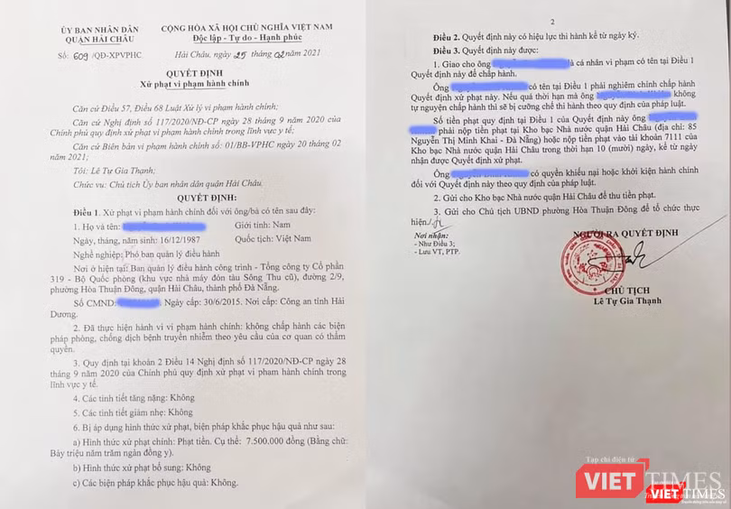 Quyết định xử phạt của UBND quận Hải Châu đối với ông N.B.K vì hành vi vi phạm quy định phòng, chống dịch