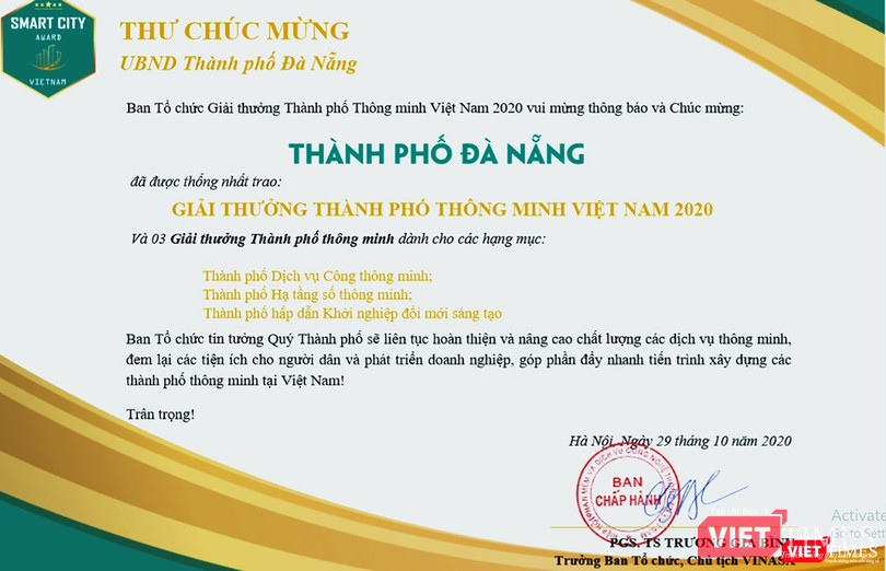 Thư chúc mừng của ban tổ chức về trao giải thưởng TP thông minh năm 2020 cho Đà Nẵng