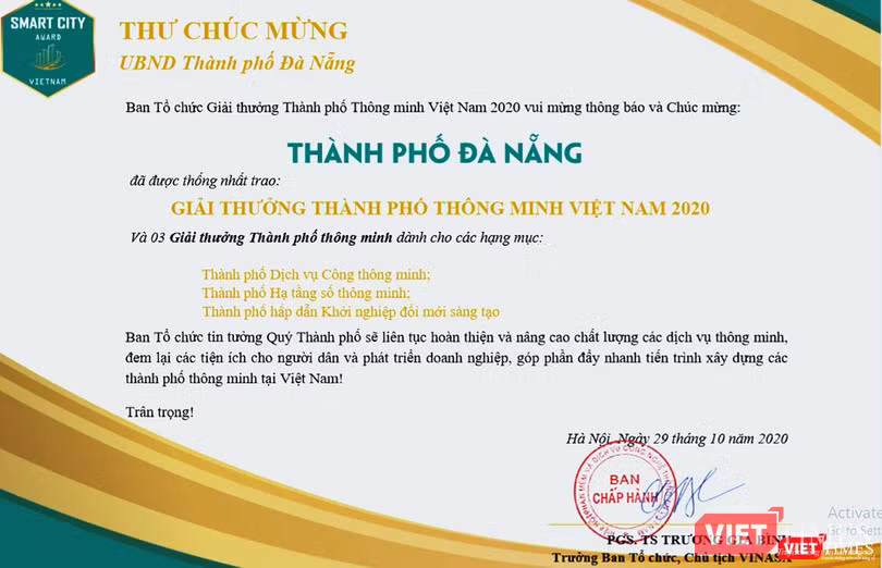 Thư chúc mừng của ban tổ chức về trao giải thưởng TP thông minh năm 2020 cho Đà Nẵng