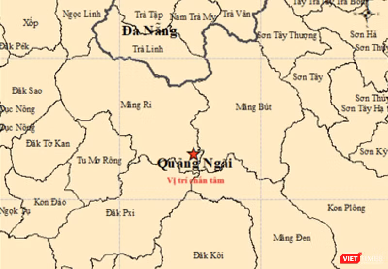 Vị trí liên tiếp xảy ra động đất ở Quảng Ngãi. Ảnh: Viện Vật lý địa cầu Việt Nam