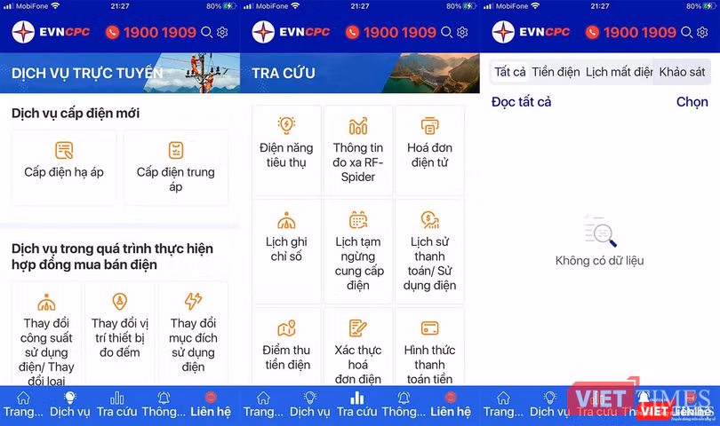 Các chức năng trên ứng dụng EVNCPC CSKH do Điện lực miền Trung cung cấp