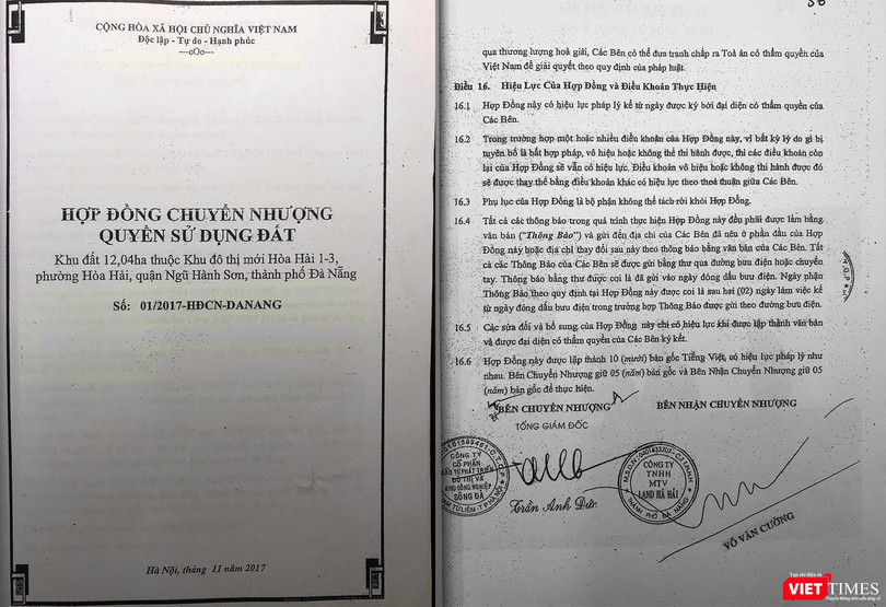 Hp đồng chuyển nhượng quyền sử dụng đất số 01/2017-HĐCN-DANANG ngày 1/11/2017 giữa Công ty CP Đầu tư phát triển đô thị và khu công nghiệp Sông Đà và Công ty TNHH MTV Land Hà Hải đối với khu đất 12,04ha thuộc Khu đô thị mới Hoà Hải 1-3 (phường Hoà Hải, quận Ngũ Hành Sơn, Đà Nẵng) 