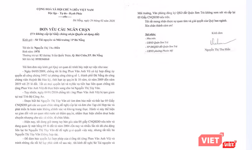 Đơn yêu cầu ngăn chặn của bà Nguyễn Thị Thu Hiền (vợ của ông Phan Văn Anh Vũ)