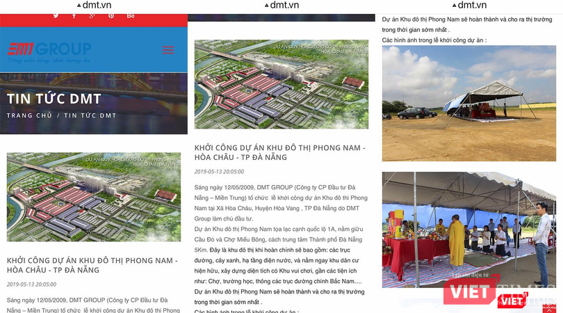 Trang web http://dmt.vn của DMT Group đăng bài viết thông tin về việc doanh nghiệp làm lễ khởi công dự án Khu đô thị Phong Nam (ảnh chụp lại màn hình từ website)