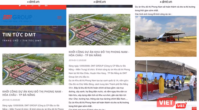 Trang web http://dmt.vn của DMT Group đăng bài viết thông tin về việc doanh nghiệp làm lễ khởi công dự án Khu đô thị Phong Nam (ảnh chụp lại màn hình từ website)