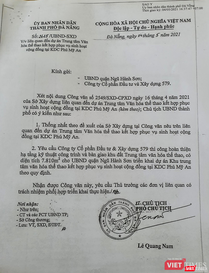 Văn bản của UBND TP Đà Nẵng do ông Lê Quang Nam - Phó Chủ tịch UBND TP Đà Nẵng ký, yêu cầu Công ty 579 giao đất nhưng đến nay doanh nghiệp vẫn chưa bàn giao. Văn bản của UBND TP Đà Nẵng do ông Lê Quang Nam - Phó Chủ tịch UBND TP Đà Nẵng ký, yêu cầu Công ty 579 giao đất nhưng đến nay doanh nghiệp vẫn chưa bàn giao.