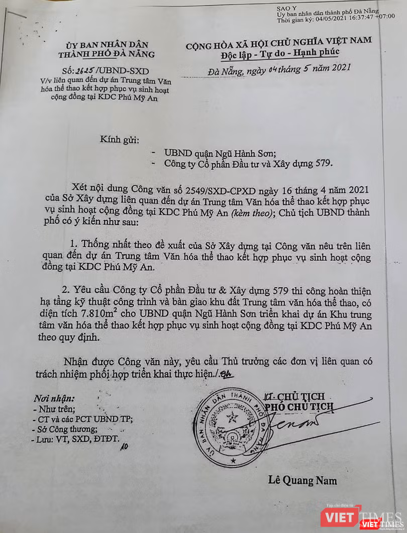 Văn bản của UBND TP Đà Nẵng do ông Lê Quang Nam - Phó Chủ tịch UBND TP Đà Nẵng ký, yêu cầu Công ty 579 giao đất nhưng đến nay doanh nghiệp vẫn chưa bàn giao.