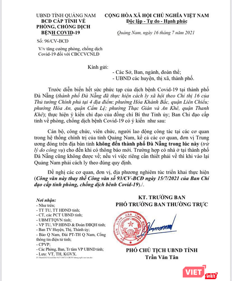 Văn bản khuyến cáo của Ban Chỉ đạo phòng, chống dịch COVID-19 tỉnh Quảng Nam
