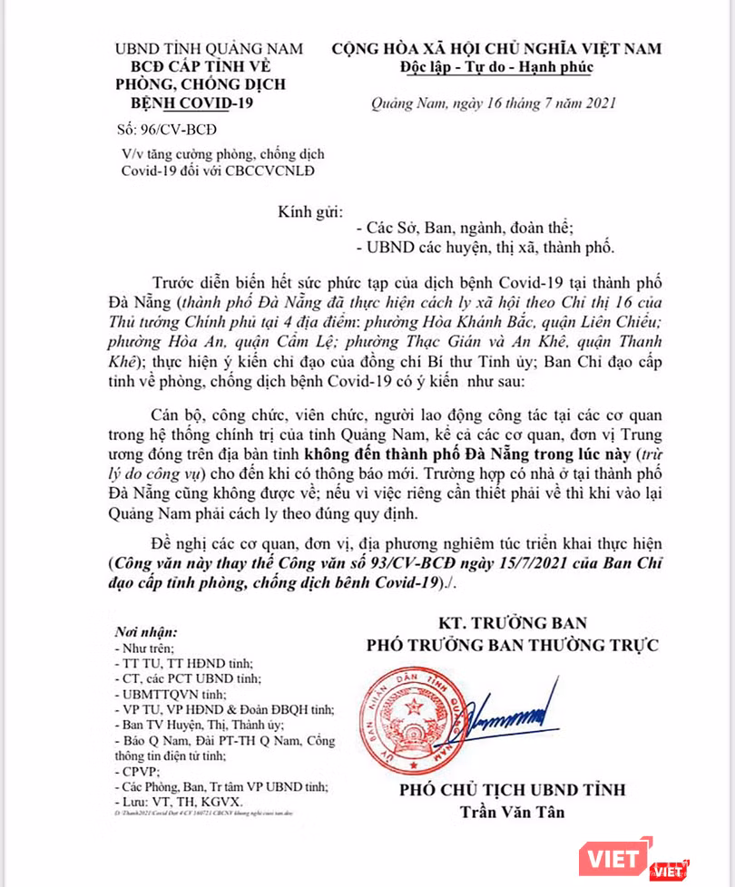 Văn bản khuyến cáo của Ban Chỉ đạo phòng, chống dịch COVID-19 tỉnh Quảng Nam