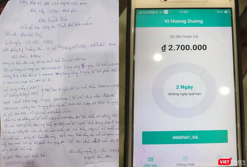 Đơn trình báo của nạn nhân và số tiền nợ phải trả thông báo qua app di động