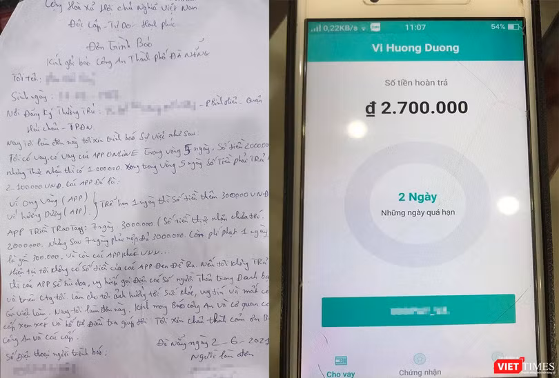 Đơn trình báo của nạn nhân và số tiền nợ phải trả thông báo qua app di động