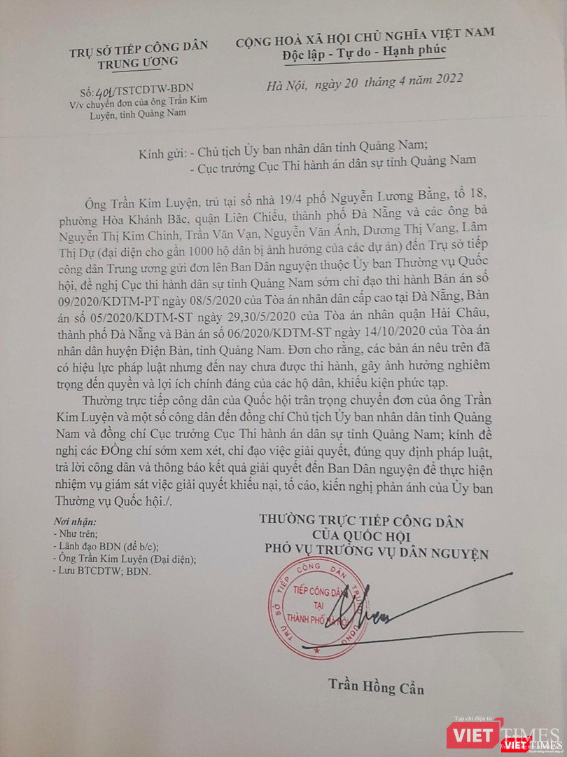 Đơn chuyển của Thường trực tiếp công dân của Quốc hội đến lãnh đạo tỉnh Quảng Nam Đơn chuyển của Thường trực tiếp công dân của Quốc hội đến lãnh đạo tỉnh Quảng Nam