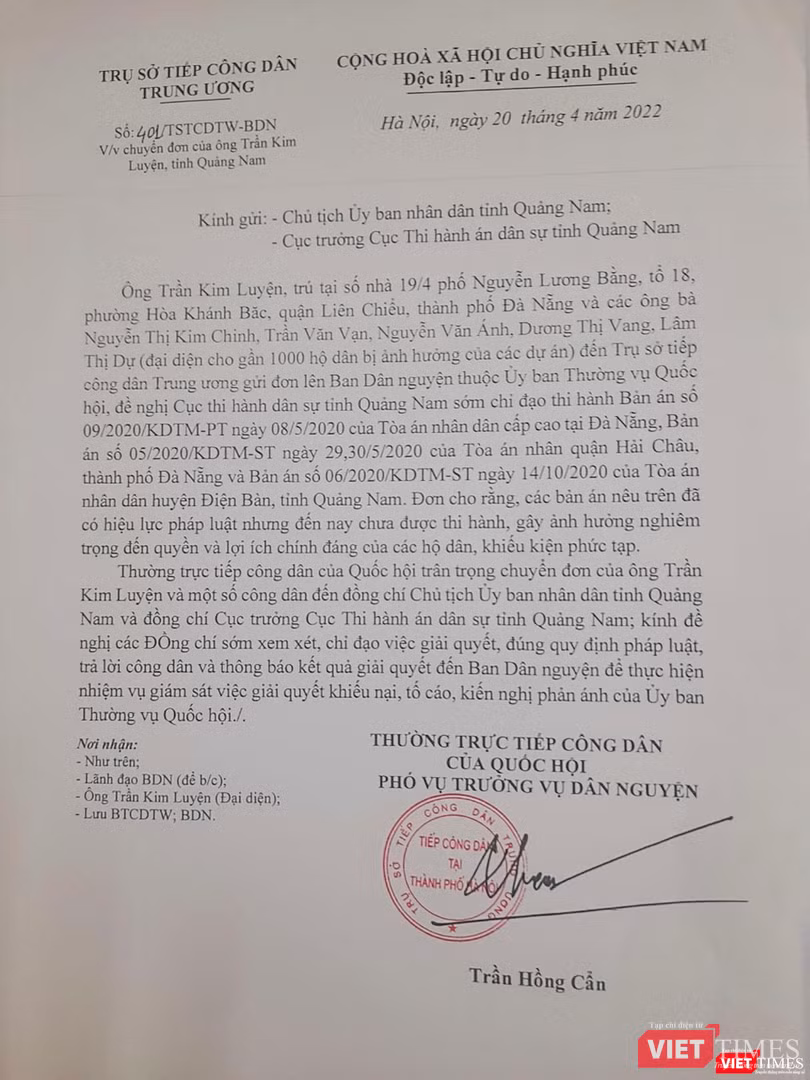 Đơn chuyển của Thường trực tiếp công dân của Quốc hội đến lãnh đạo tỉnh Quảng Nam