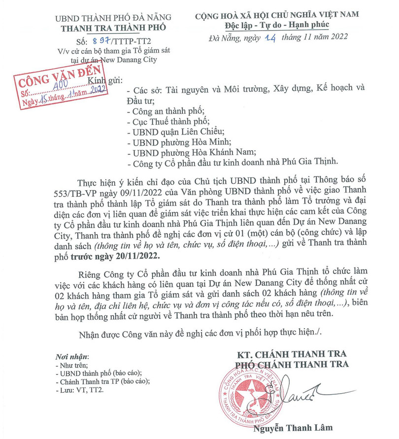 Văn bản thông báo của Thanh tra TP Đà Nẵng về việc cử cán bộ tham gia Tổ giám sát thực hiện dự án New Danang City do Công ty Phú Gia Thịnh làm chủ đầu tư