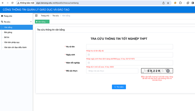 Giao diện cổng tra cứu điểm thi tốt nghiệp THPT tại Đà Nẵng