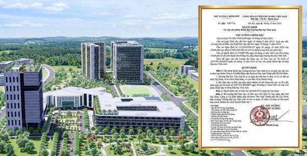 Quyết định thành lập Trường Đại học Tâm Anh do Thủ tướng Chính phủ ban hành ngày 30/12/2025 và phối cảnh của Trường. Ảnh: Trường Đại học Tâm Anh