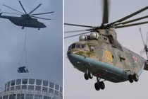 Máy bay trực thăng Mi-26 vận chuyển hệ thống Pantsir-SMD-E lên nóc nhà ở Moscow (bên trái) và máy bay trực thăng Mi-26. Ảnh: MW.