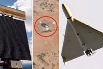 Radar AN/FPS-117, hình ảnh radar bị phá hủy ở Arab Saudi và mẫu UAV Shahed-136. Ảnh: MW.
