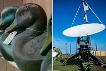 Mồi nhử hình con vịt (trái) và ăng-ten thuộc hệ thống HPM (phải). Ảnh: PM.