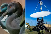 Mồi nhử hình con vịt (trái) và ăng-ten thuộc hệ thống HPM (phải). Ảnh: PM.