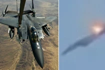 Máy bay F-15E và cảnh một chiếc F-15E rơi xuống Kuwait. Ảnh: MW.