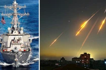 Tàu khu trục lớp Arleigh Burke và cảnh tên lửa Iran dội xuống lãnh thổ Israel. Ảnh: MW.