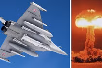 Máy bay Rafale mang tên lửa hạt nhân ASMP-A (bên trái) và vụ nổ hạt nhân. Ảnh: MW.