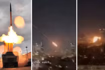 Bệ phóng THAAD (bên trái) và đoạn phim ghi lại khoảnh khắc phương tiện lượn siêu thanh của Iran tấn công mục tiêu quan trọng ở Israel. Ảnh: MW.