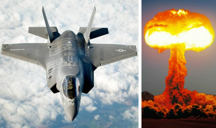 Máy bay F-35 và hình ảnh một vụ nổ hạt nhân. Ảnh: MW.