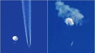 Chiều 4/2, Không quân Mỹ đã sử dụng máy bay chiến đấu F-22 bắn hạ khi khí cầu Trung Quốc xuống Đại Tây Dương bằng tên lửa (Ảnh: Singtao).