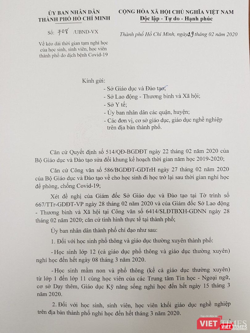 Văn bản của UBND TP.HCM vừa chính thức gửi tới các Sở, ban, ngành