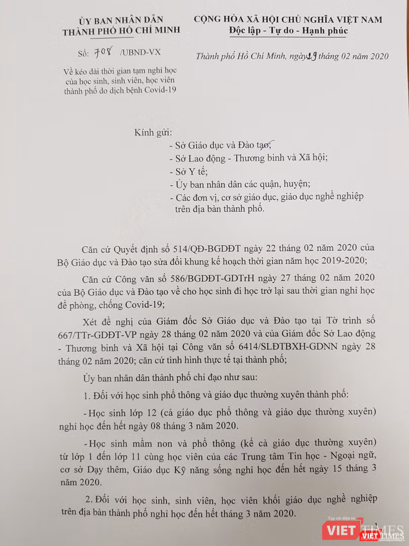 Văn bản của UBND TP.HCM vừa chính thức gửi tới các Sở, ban, ngành