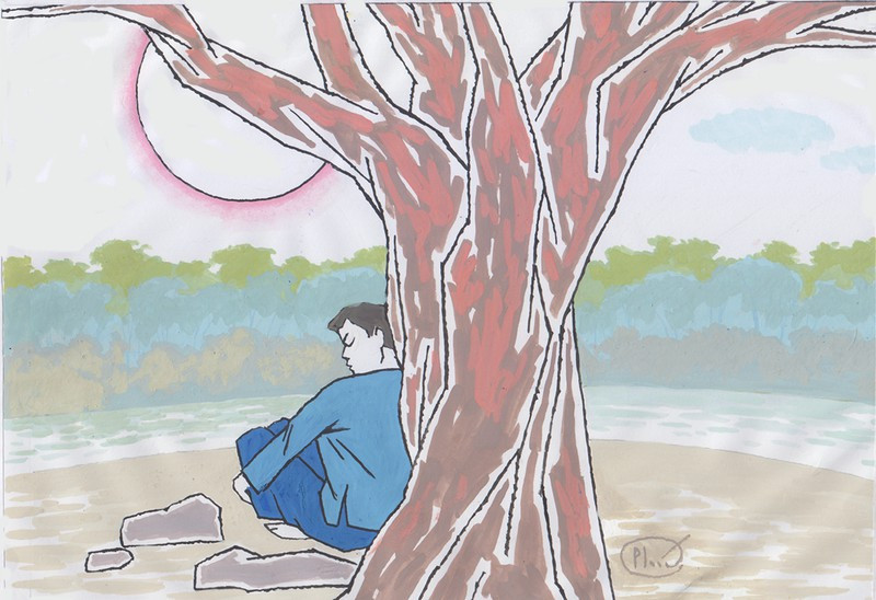 Chàng Ba ngồi dưới gốc cây lớn ở phiên chợ Khau Vai ngày 27/3