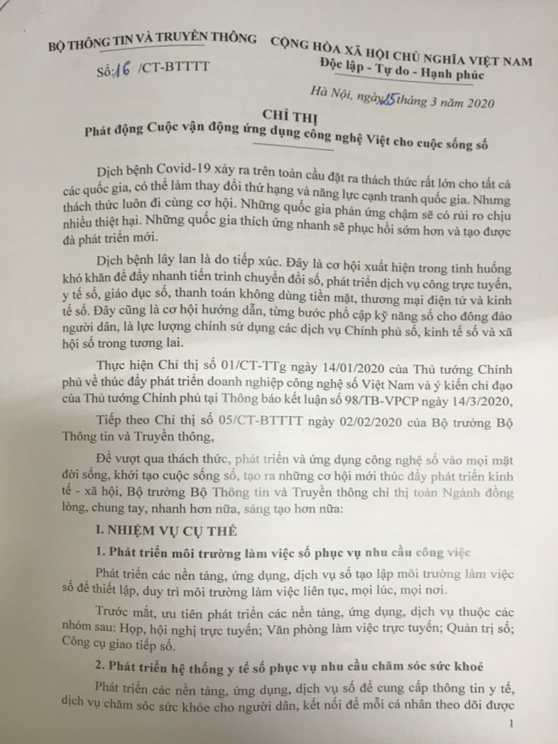 Chỉ thị 16/CT-BTTTT về phát động Cuộc vận động ứng dụng công nghệ Việt cho cuộc sống số.