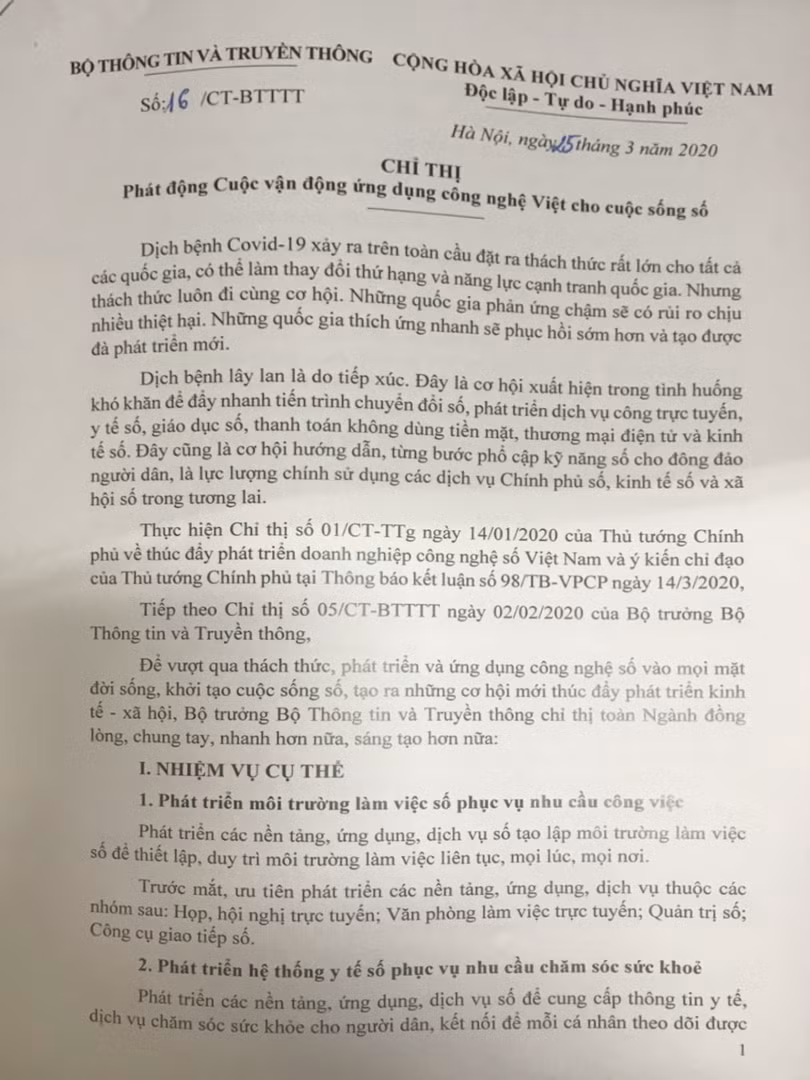 Chỉ thị 16/CT-BTTTT về phát động Cuộc vận động ứng dụng công nghệ Việt cho cuộc sống số.
