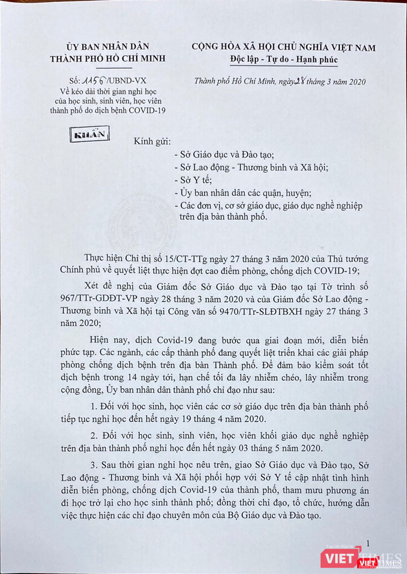Công văn của Sở Y tế TP.HCM gửi Sở GD&ĐT và Sở Lao động Thương binh & Xã hội, ký ngày 28/3