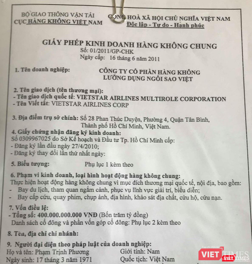 Giấy phép kinh doanh hàng không chung của Vietstar Airlines.