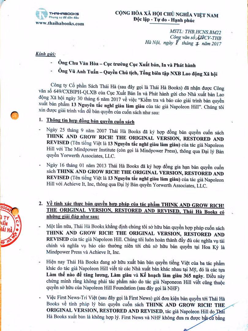 Công văn số 120/CV-THB gửi do Thái Hà Books gửi ngày 8/7/2017 tới Cục Xuất bản, In và Phát hành, Cục Bản quyền và Nhà xuất bản Lao động Xã hội